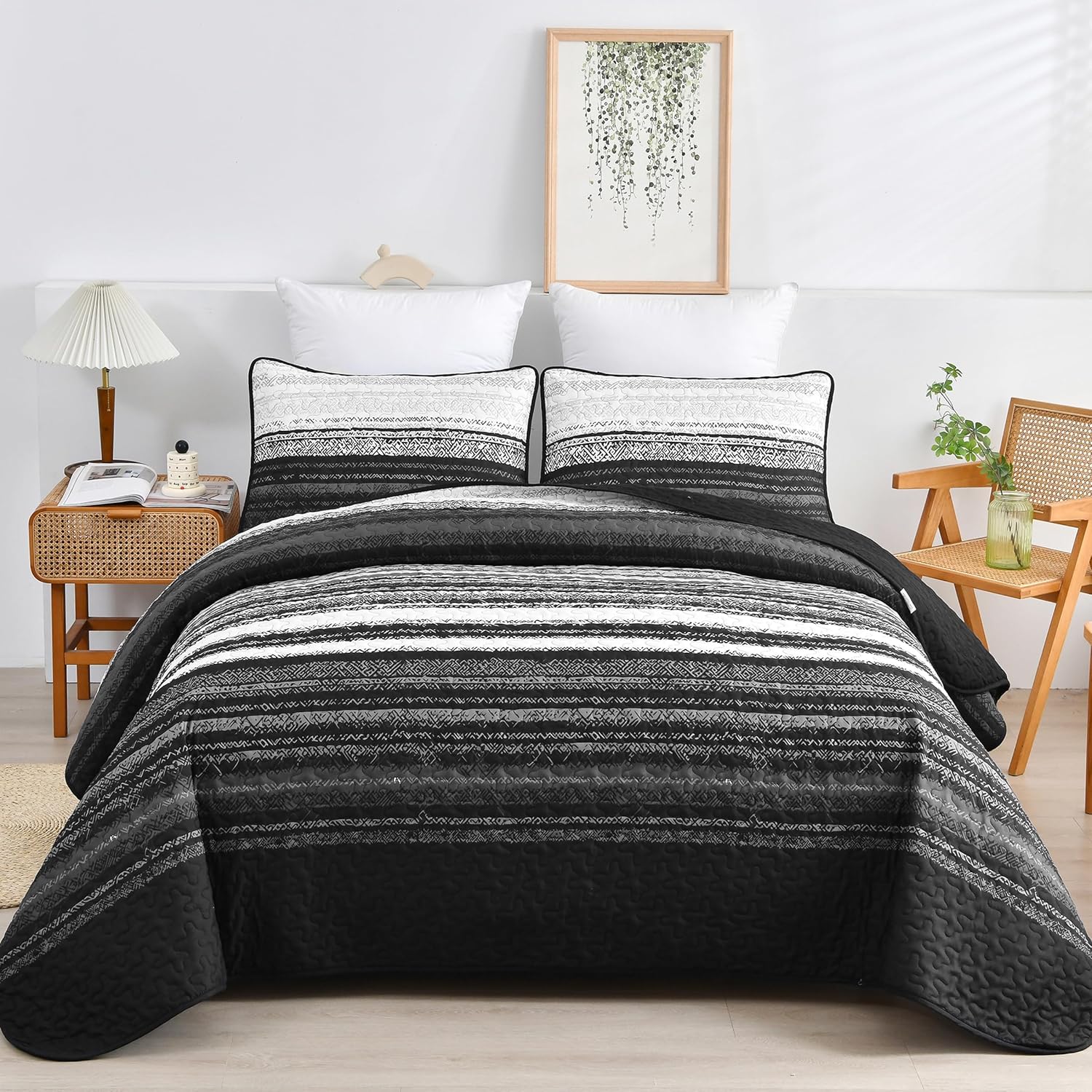 DJY King Size Quilt Set 3 Pieces Black Striped Microfiber