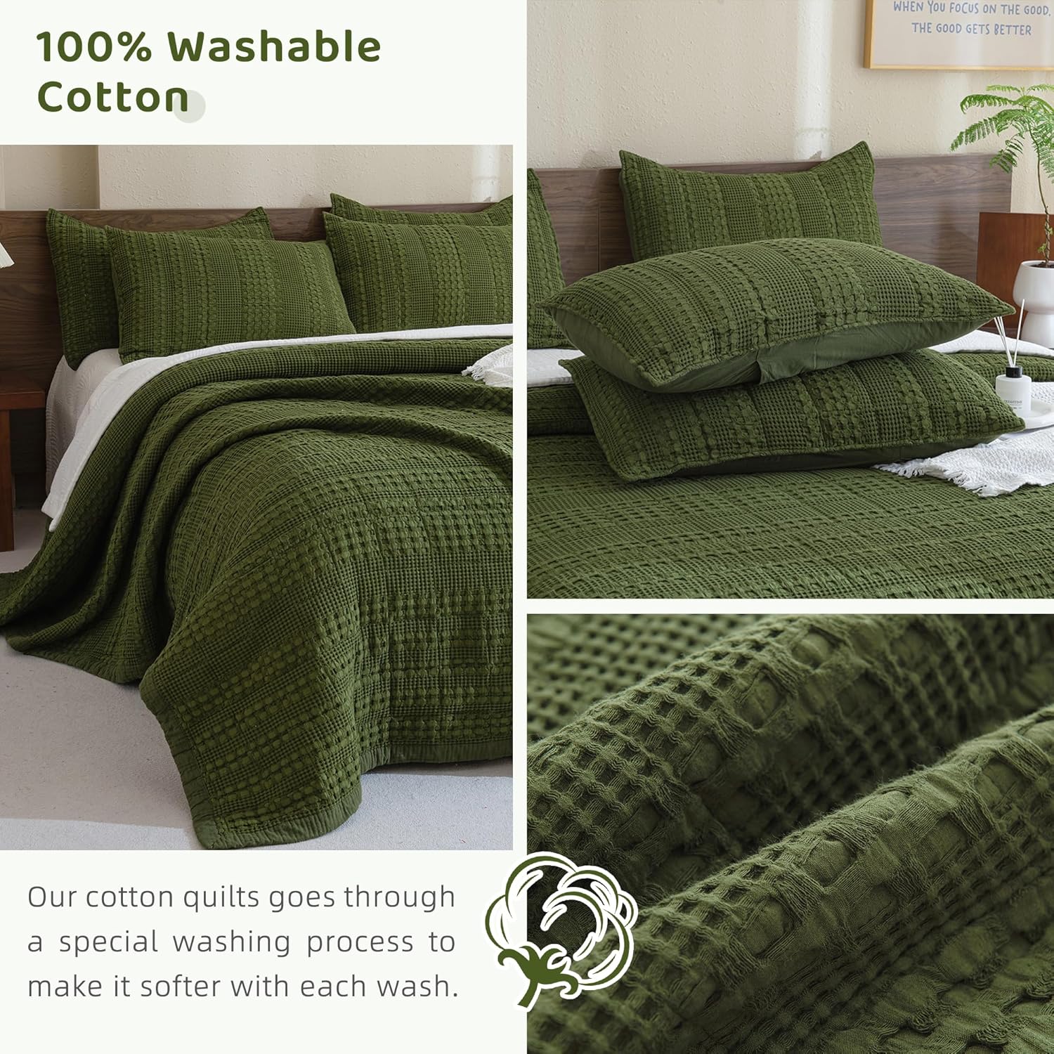 Sanracie Cotton Waffle Quilt Set King Size Olive Green