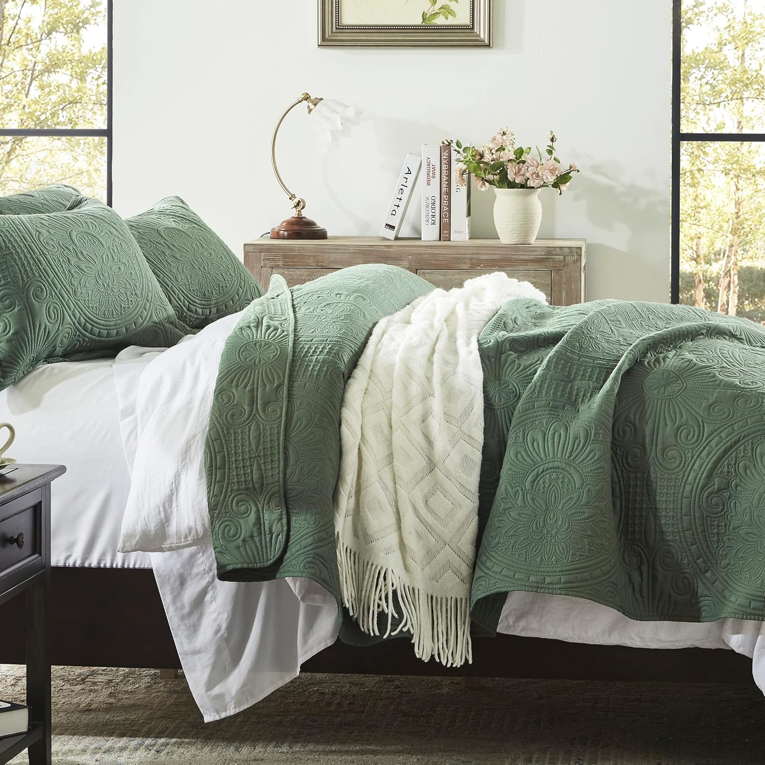 Anluoer Quilt Set Olive Green Embossed