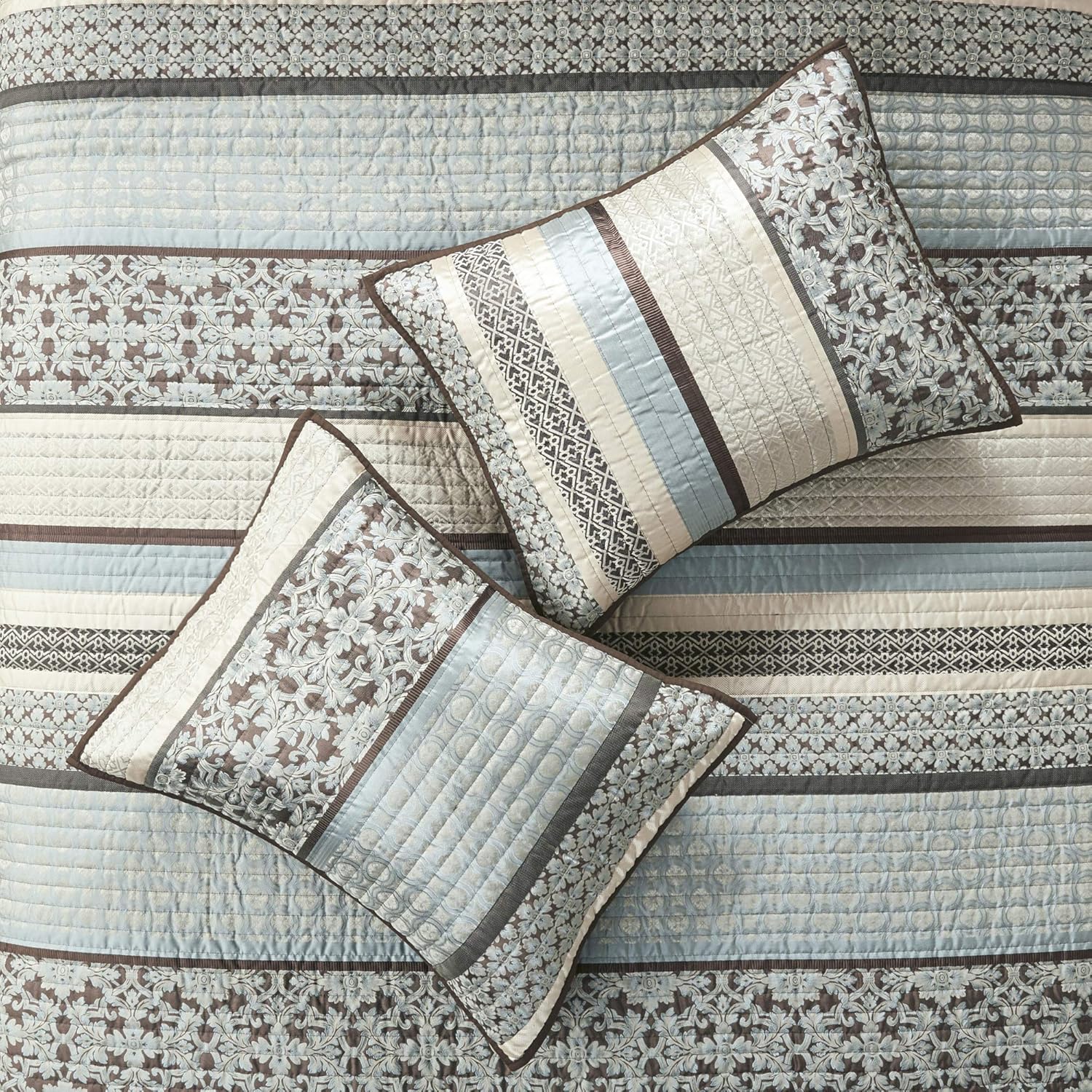 Madison Park Quilt Set with Jacquard Stripes - 5 Piece Floral Blue