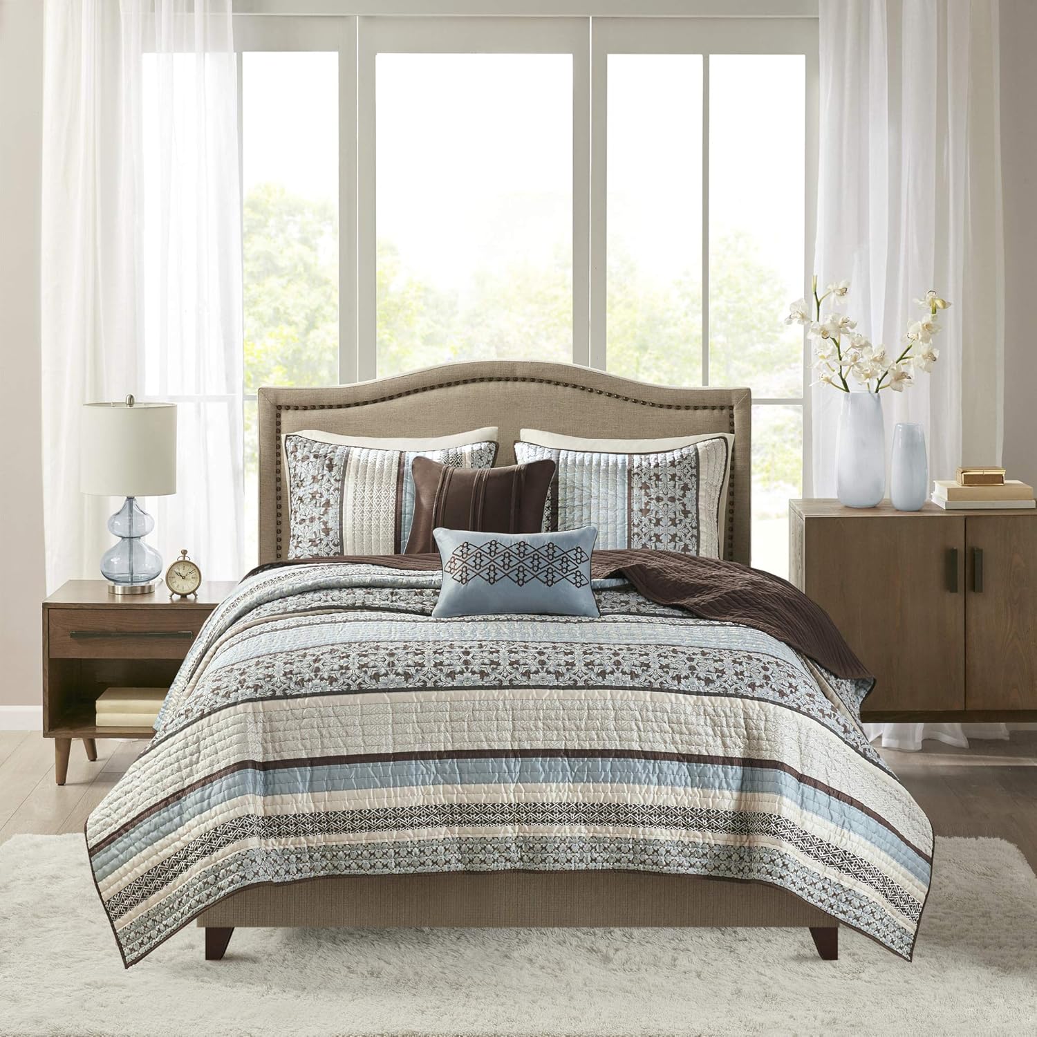 Madison Park Quilt Set with Jacquard Stripes - 5 Piece Floral Blue