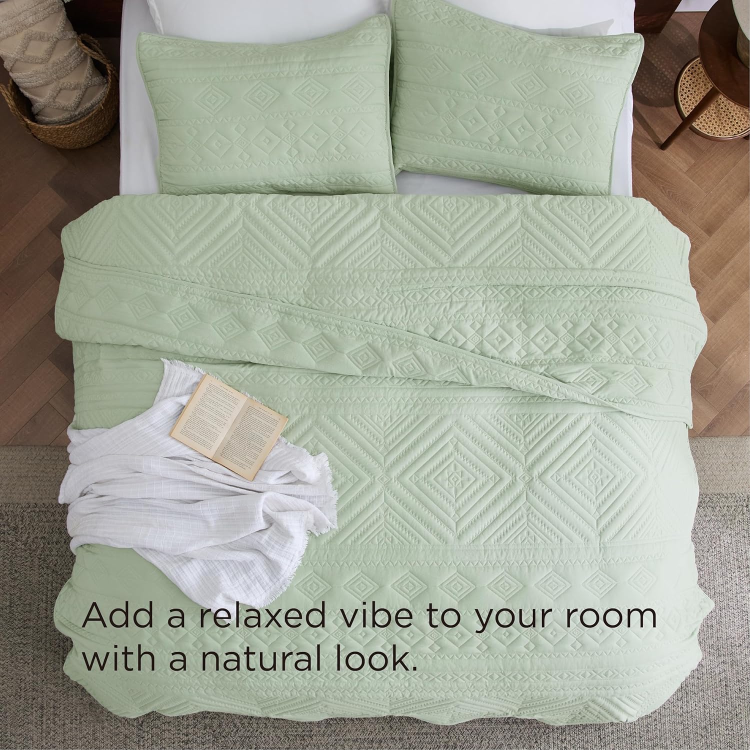 Bedsure Boho Queen Quilt Set - Geometric Pattern Sage Green 90x96 Inches