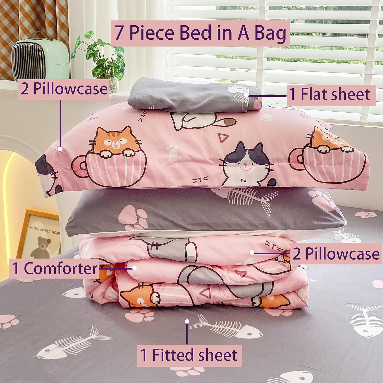 Gusuhome 7 Piece Kids Cats Comforter Set Twin Bed in A Bag