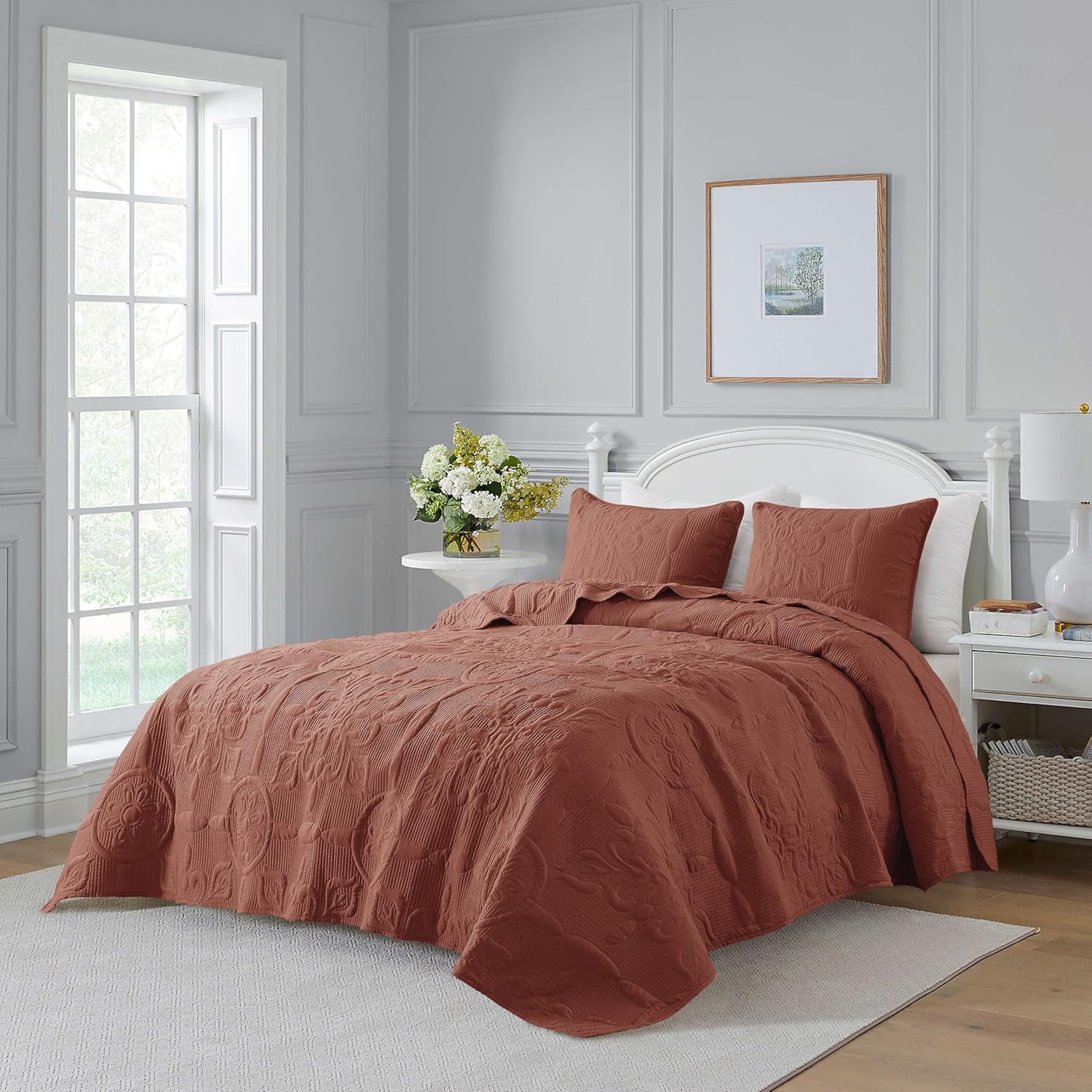 B2EVER Damask Quilt Cal King Bed Set Burnt Orange