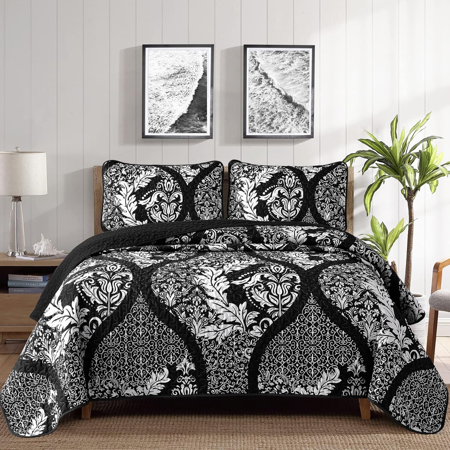 DJY Black Damask Cal King Quilt Set 3 Pieces