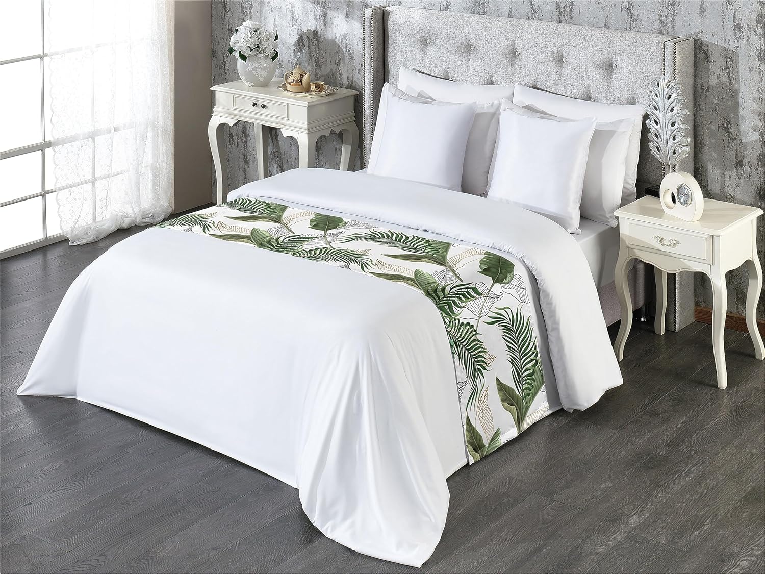 Ambesonne Tropical Bed Runner Queen Size Army Green White Pattern