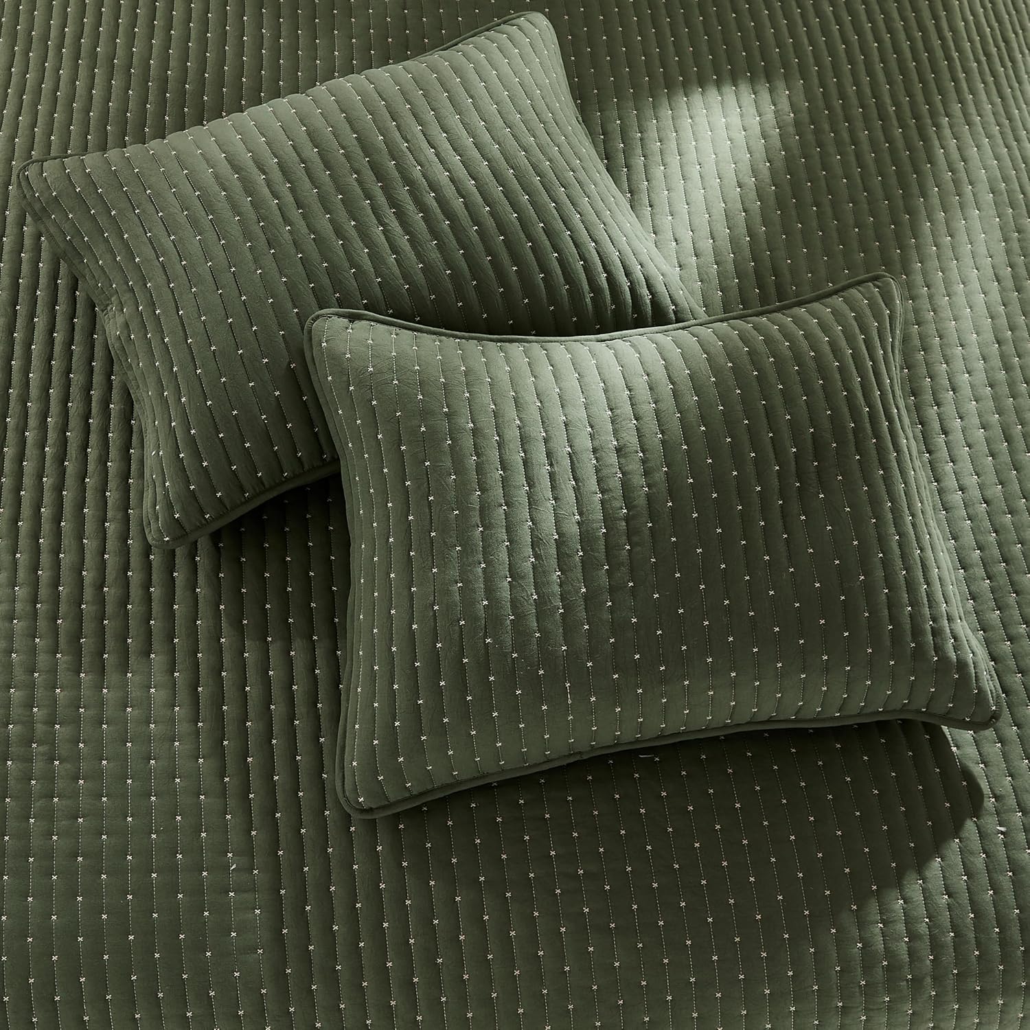 WDCOZY Olive Green Cross Stitch King Size Quilt Set