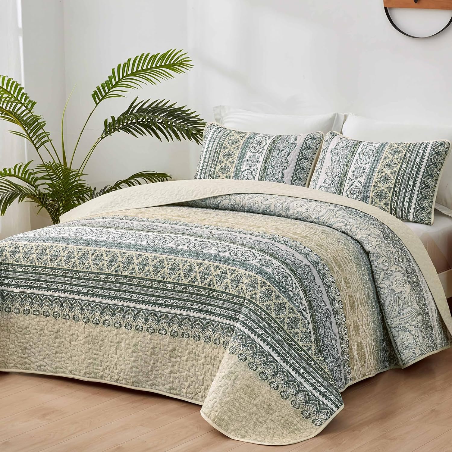 WONGS BEDDING Boho Quilt Set Queen Size Beige 3 Pieces