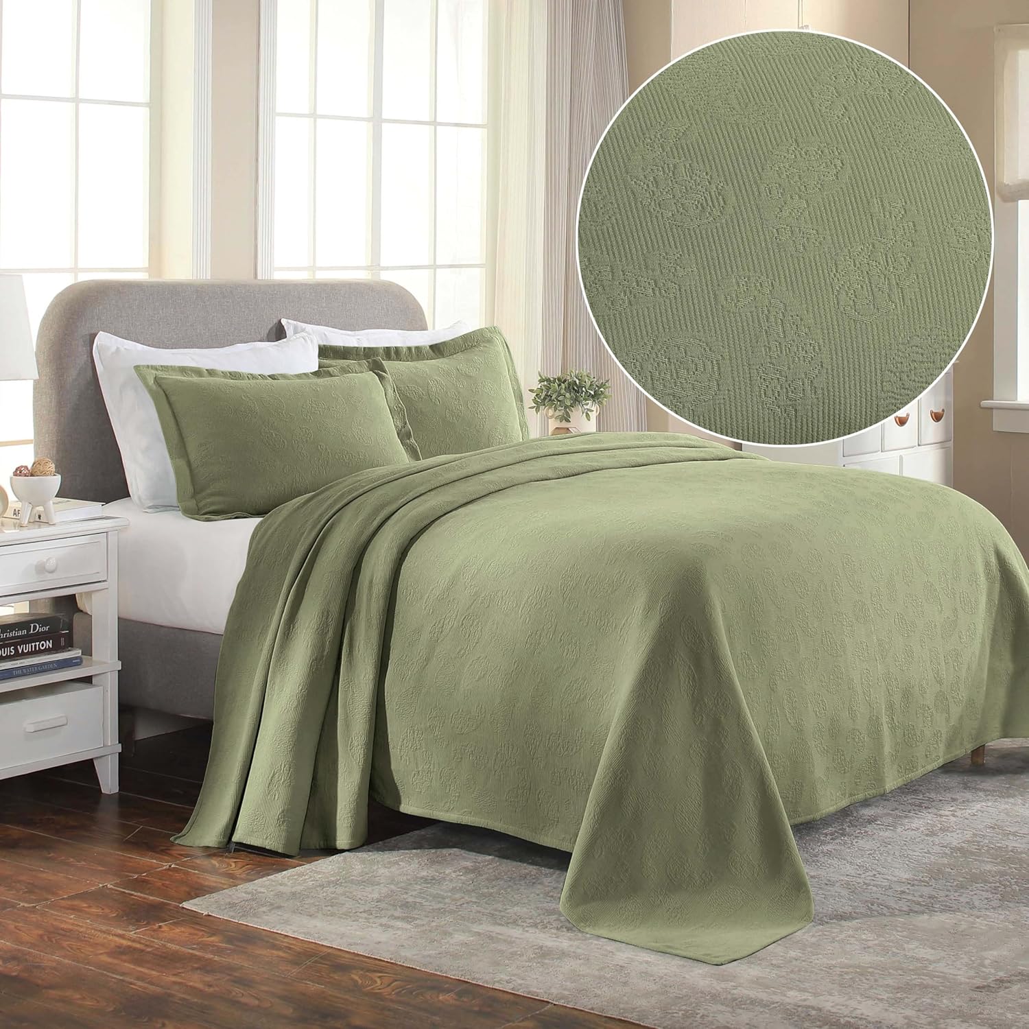 Superior Paisley Cotton Bedspread Set King Size Sage