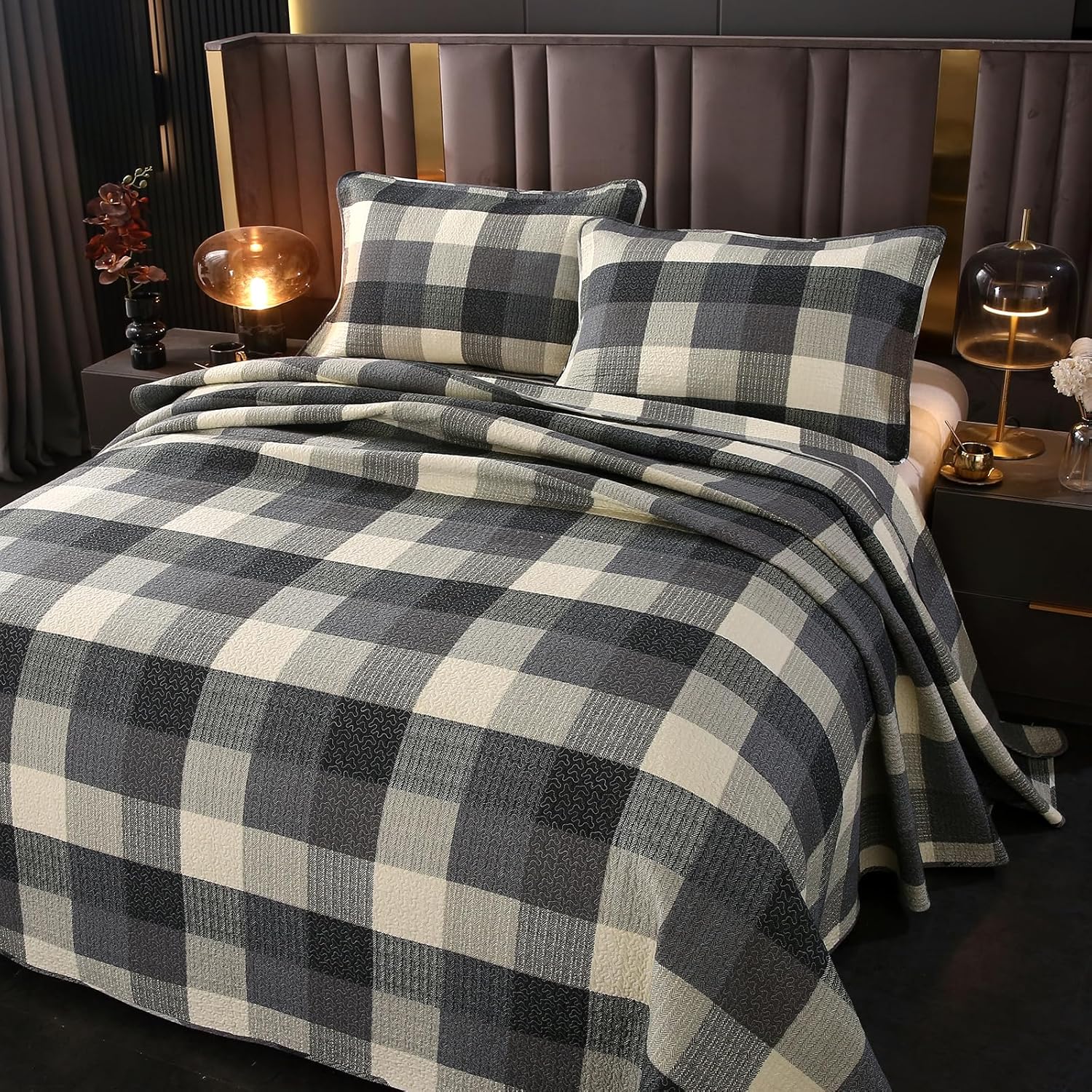 vctops Farmhouse Blue Plaid Quilt Set Queen 3 Pieces