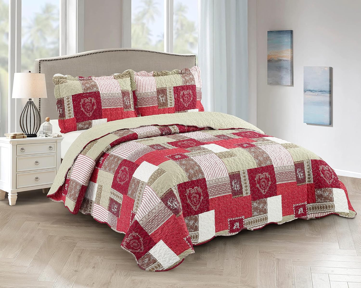 Brilliant Sunshine Burgundy Heart Love Quilt Set