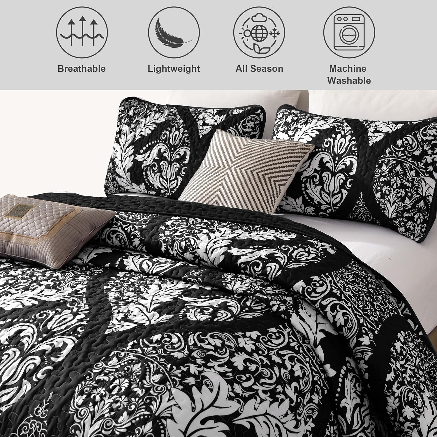 DJY Black Damask Cal King Quilt Set 3 Pieces
