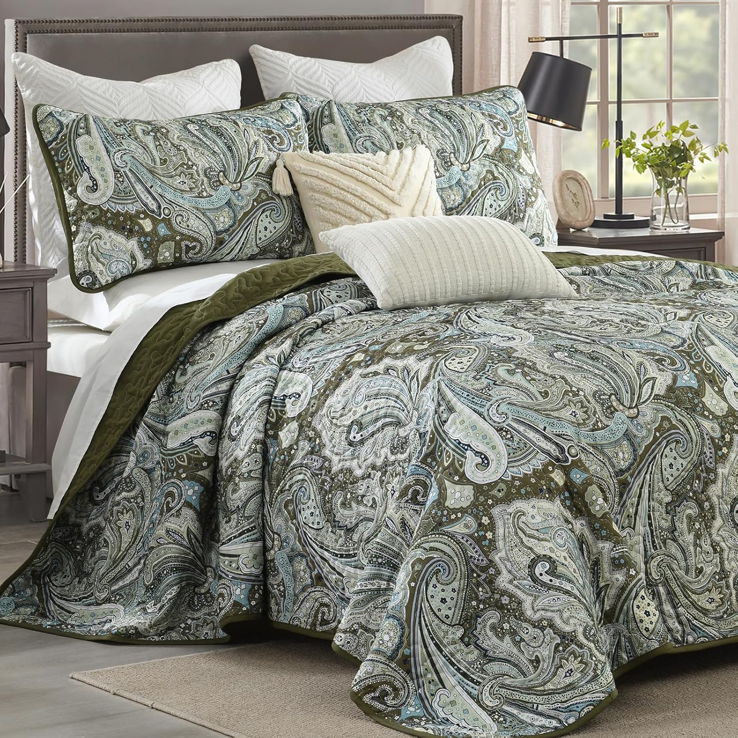 DJY Green Paisley Quilt Set King Size 3 Pieces