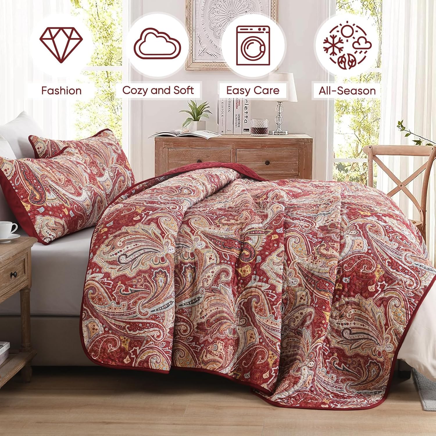 DJY Red Paisley Quilt Set - King Size 3 Piece
