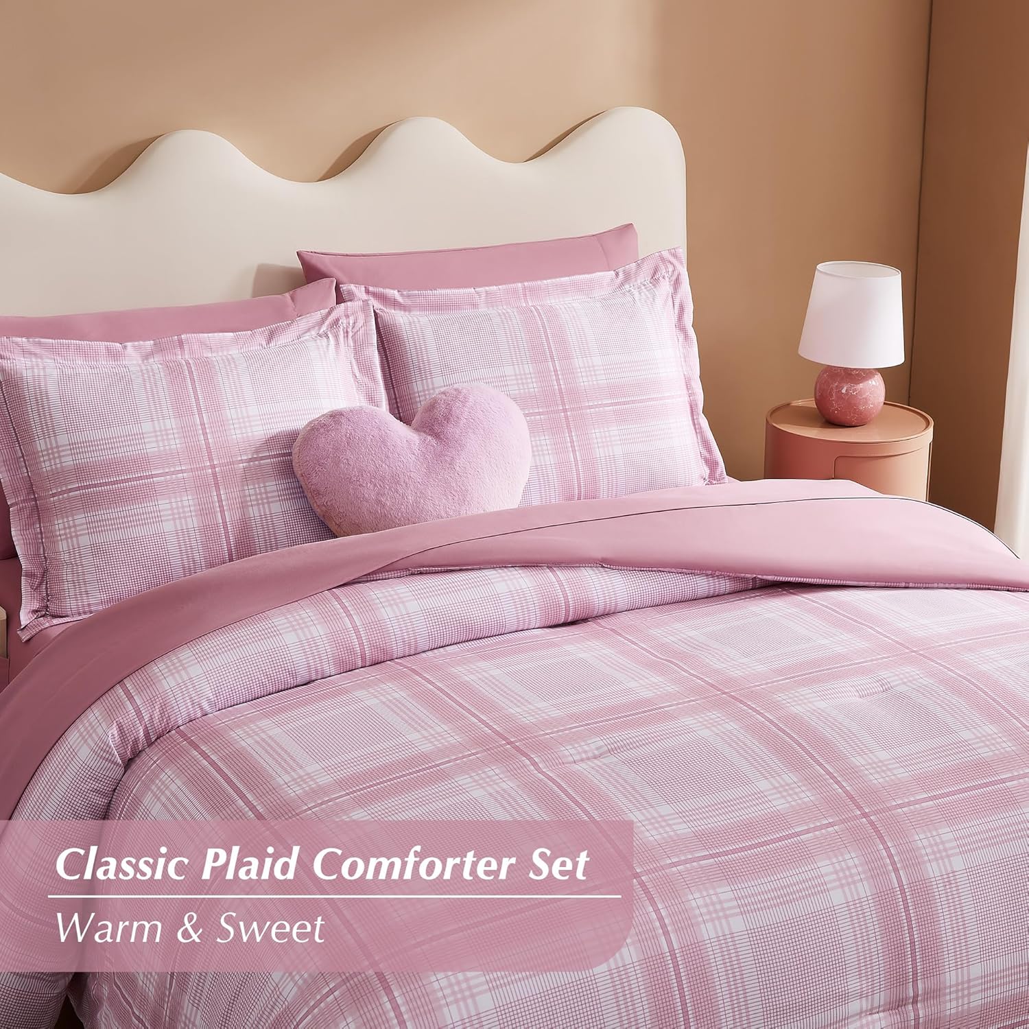 Rose Pink Plaid Comforter Set for Girls 7 Piece 1