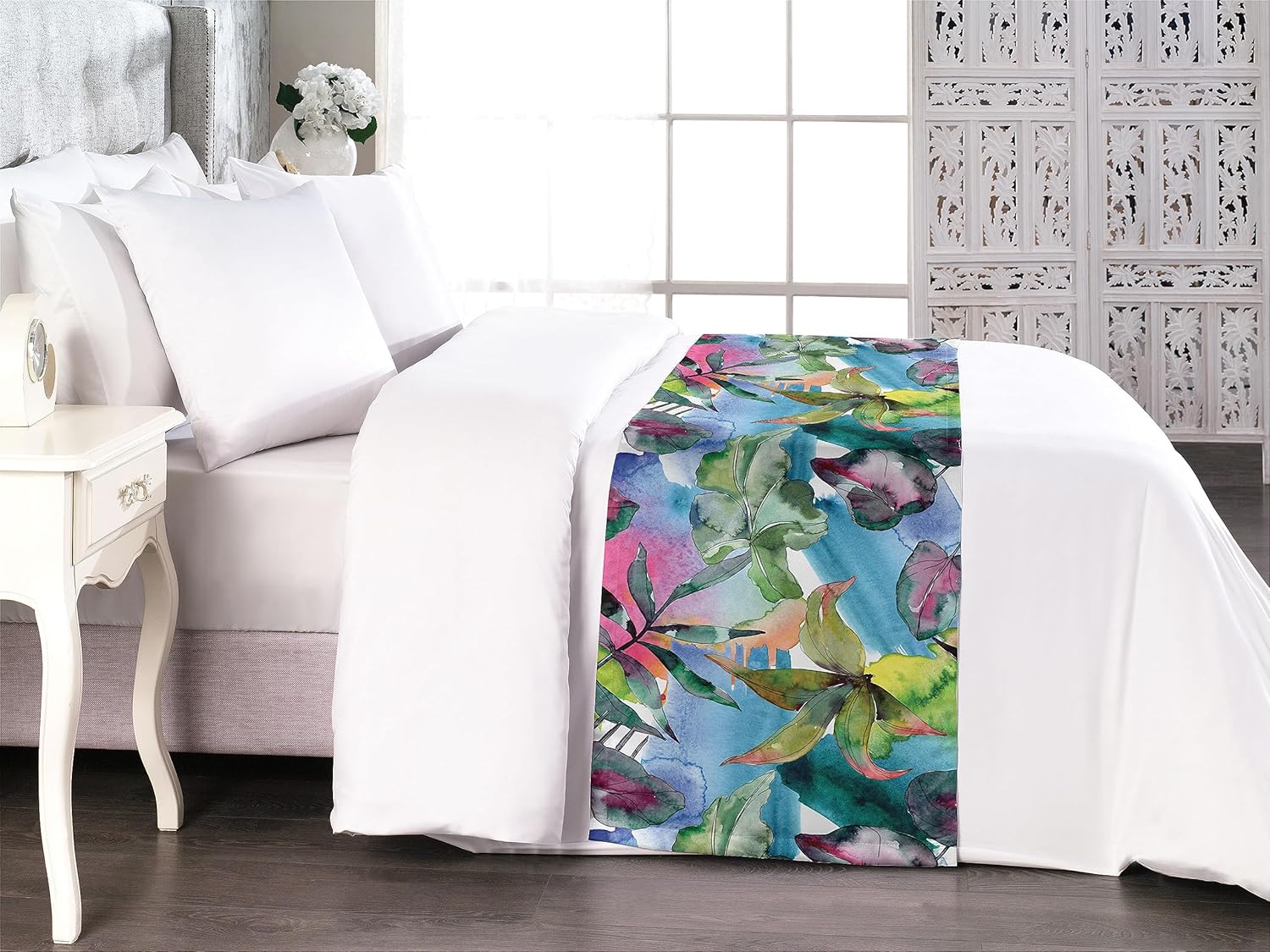 Ambesonne Leaf Print King Bed Runner Green Blue and Pink