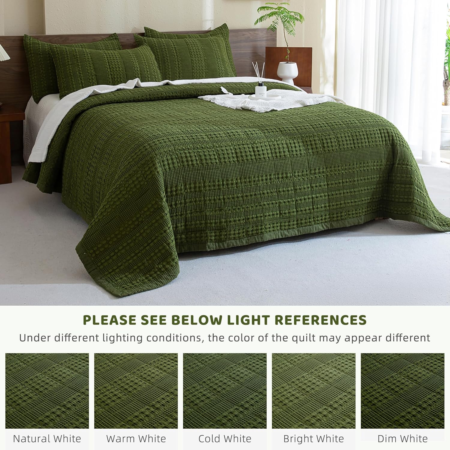 Sanracie Cotton Waffle Quilt Set King Size Olive Green