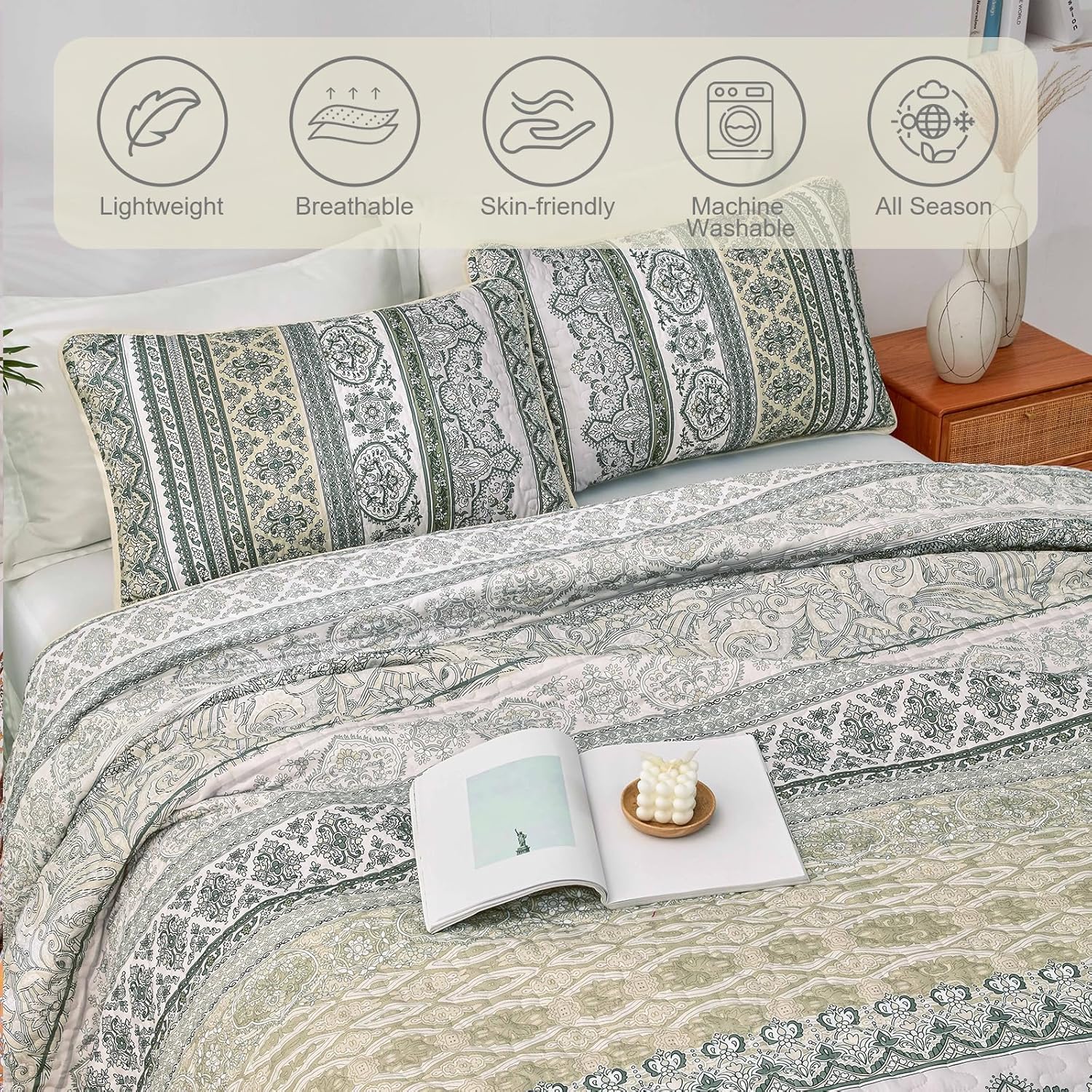 WONGS BEDDING Boho Quilt Set Queen Size Beige 3 Pieces