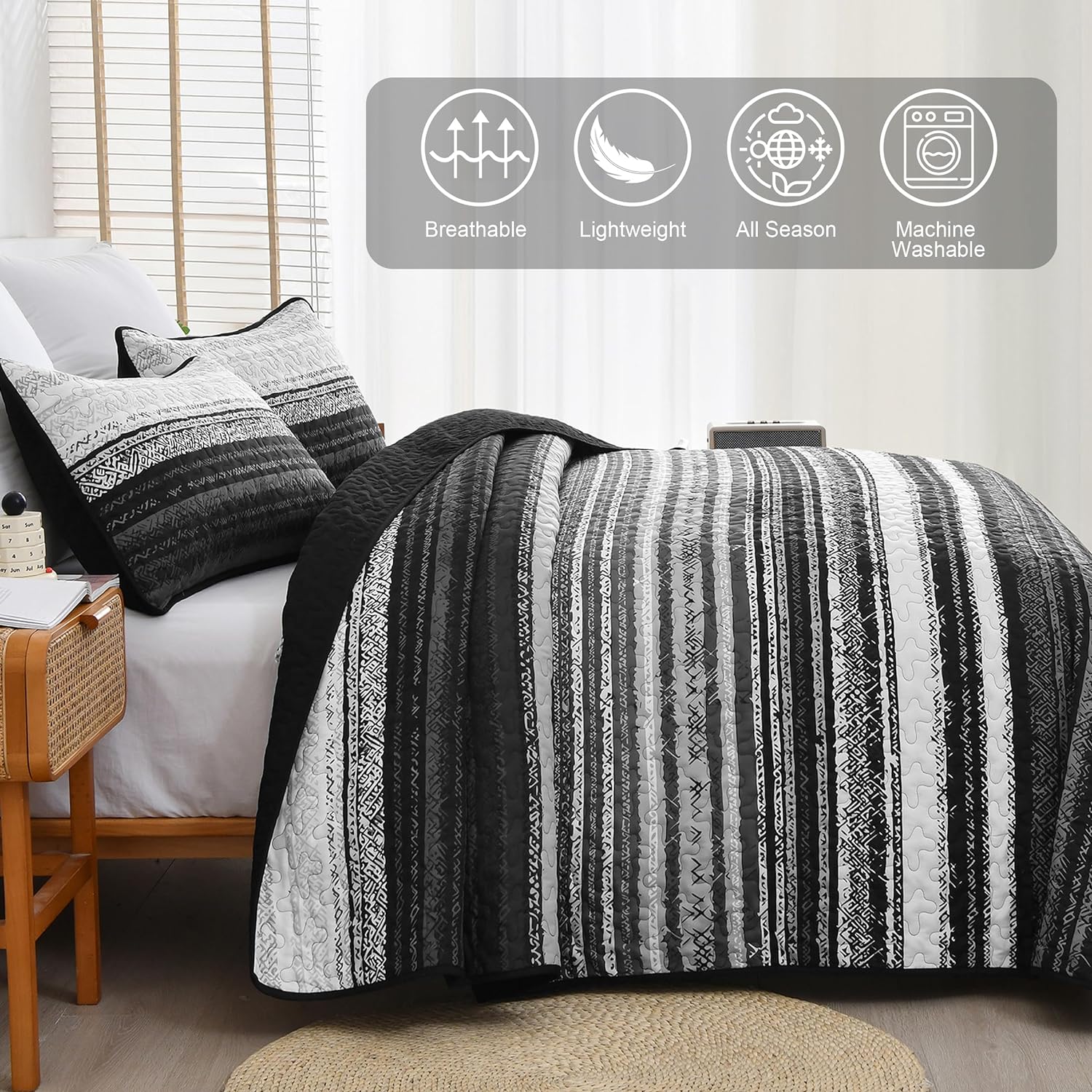 DJY King Size Quilt Set 3 Pieces Black Striped Microfiber