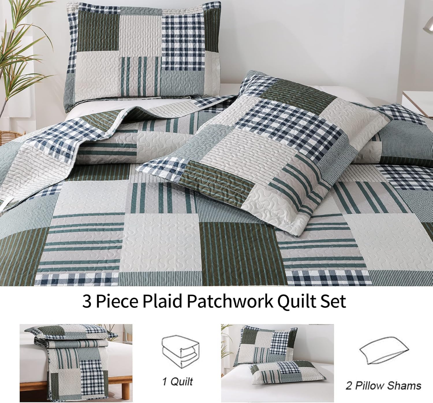 Jessy Home Queen Size Plaid Patchwork Bedspread Set