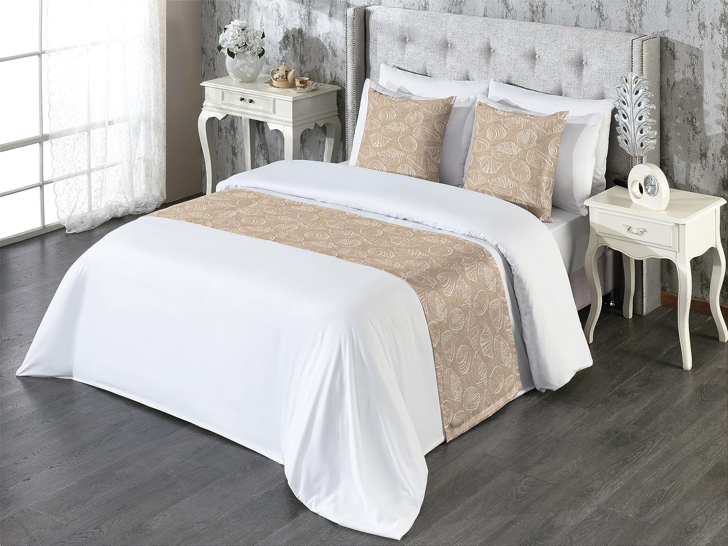 Ambesonne Coastal Bed Runner Set Tan White