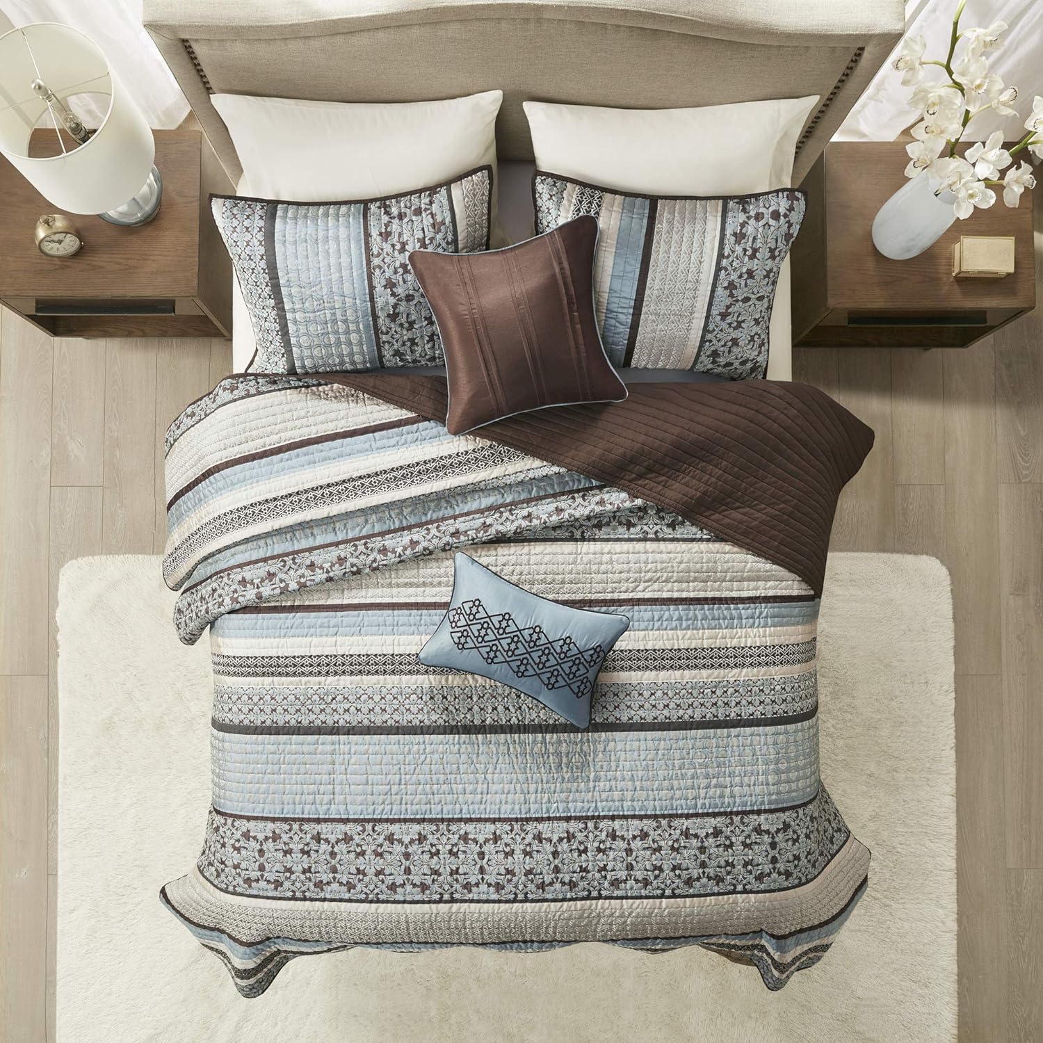 Madison Park Quilt Set with Jacquard Stripes - 5 Piece Floral Blue