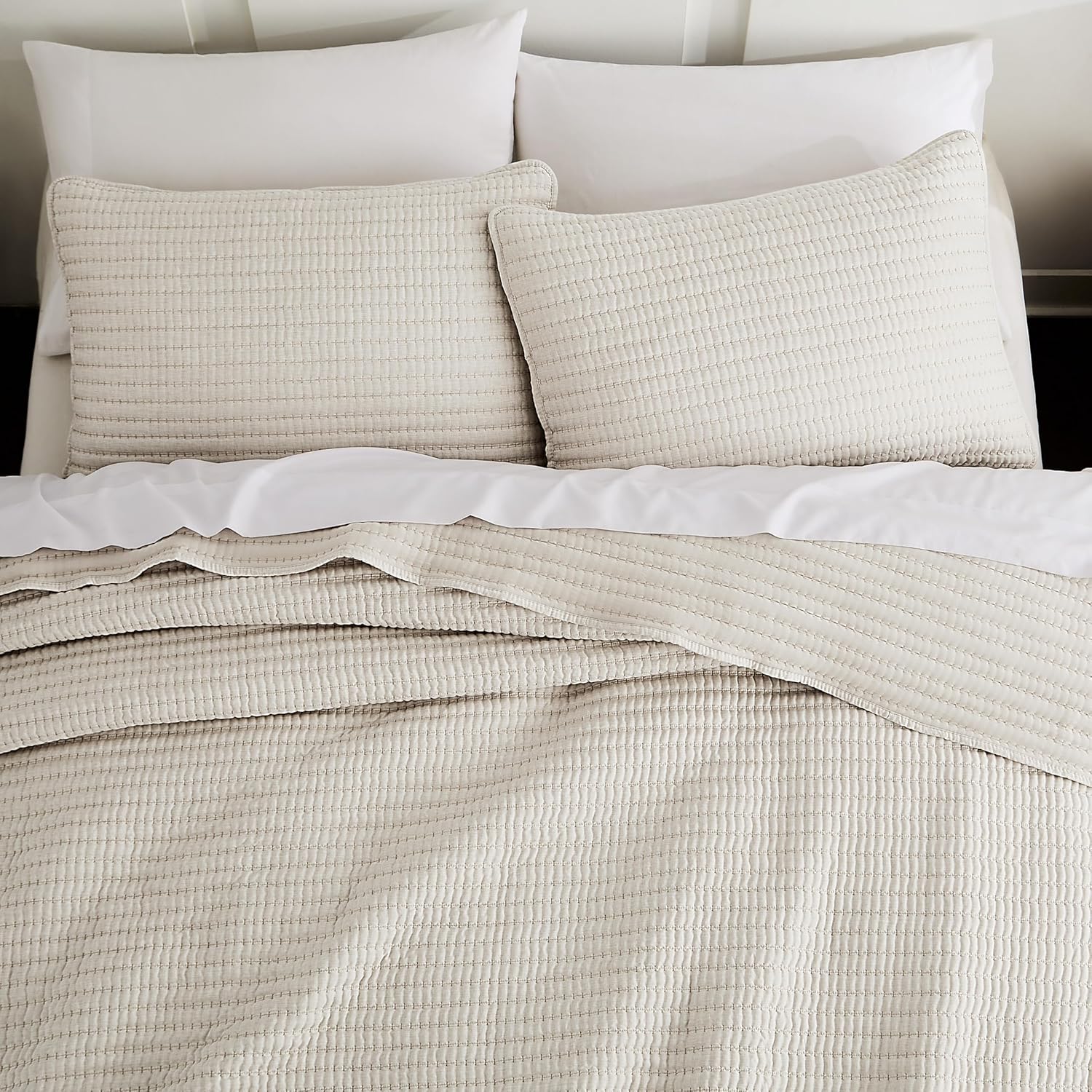 WDCOZY Beige Stripe Twin Quilt Set with Pick Stitch 1