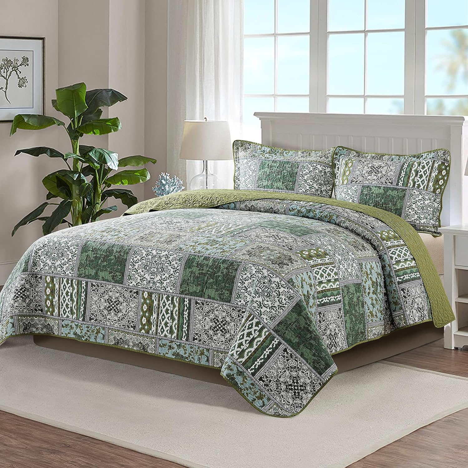 NEWLAKE Reversible Patchwork Quilt Set Queen Size 1