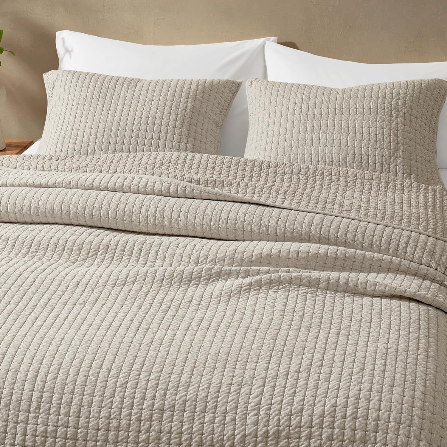 Wonderful 100 Cotton Jersey Knit Quilt Set - Apricot Beige Queen Size
