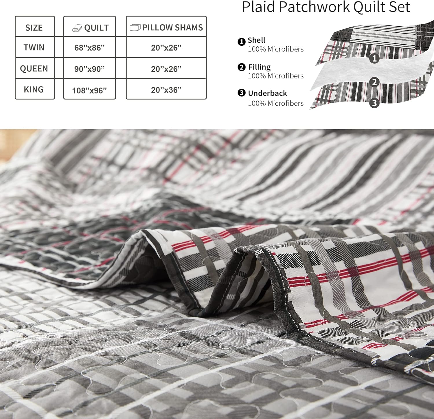 Jessy Home Plaid Quilt Set Queen Full Size Bedding