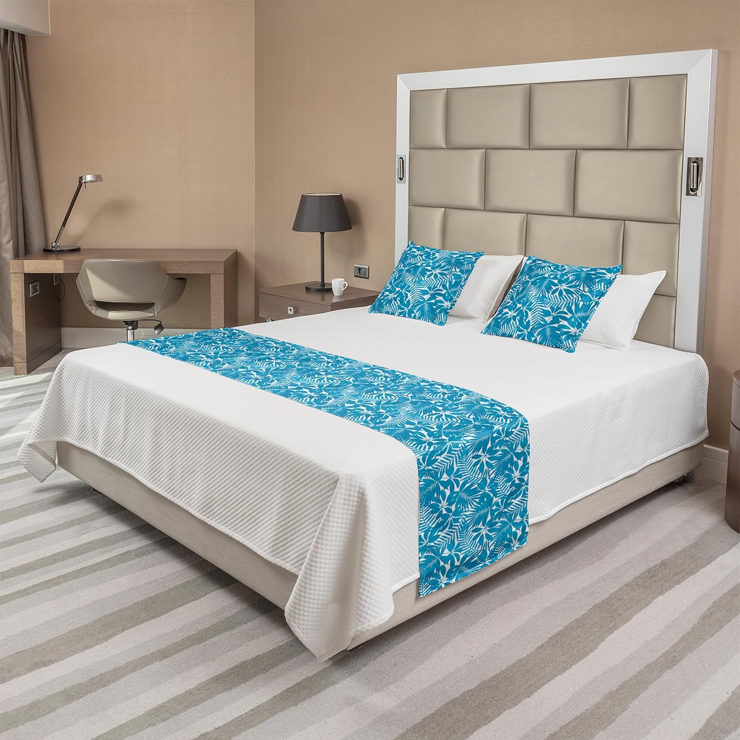 Ambesonne Aqua Bed Runner Set Blue White
