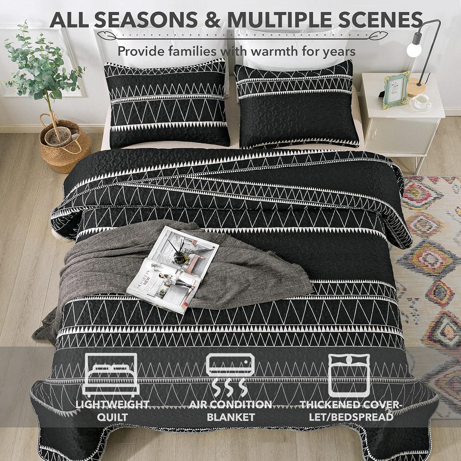Andency Black Quilt Set California King 3Pcs