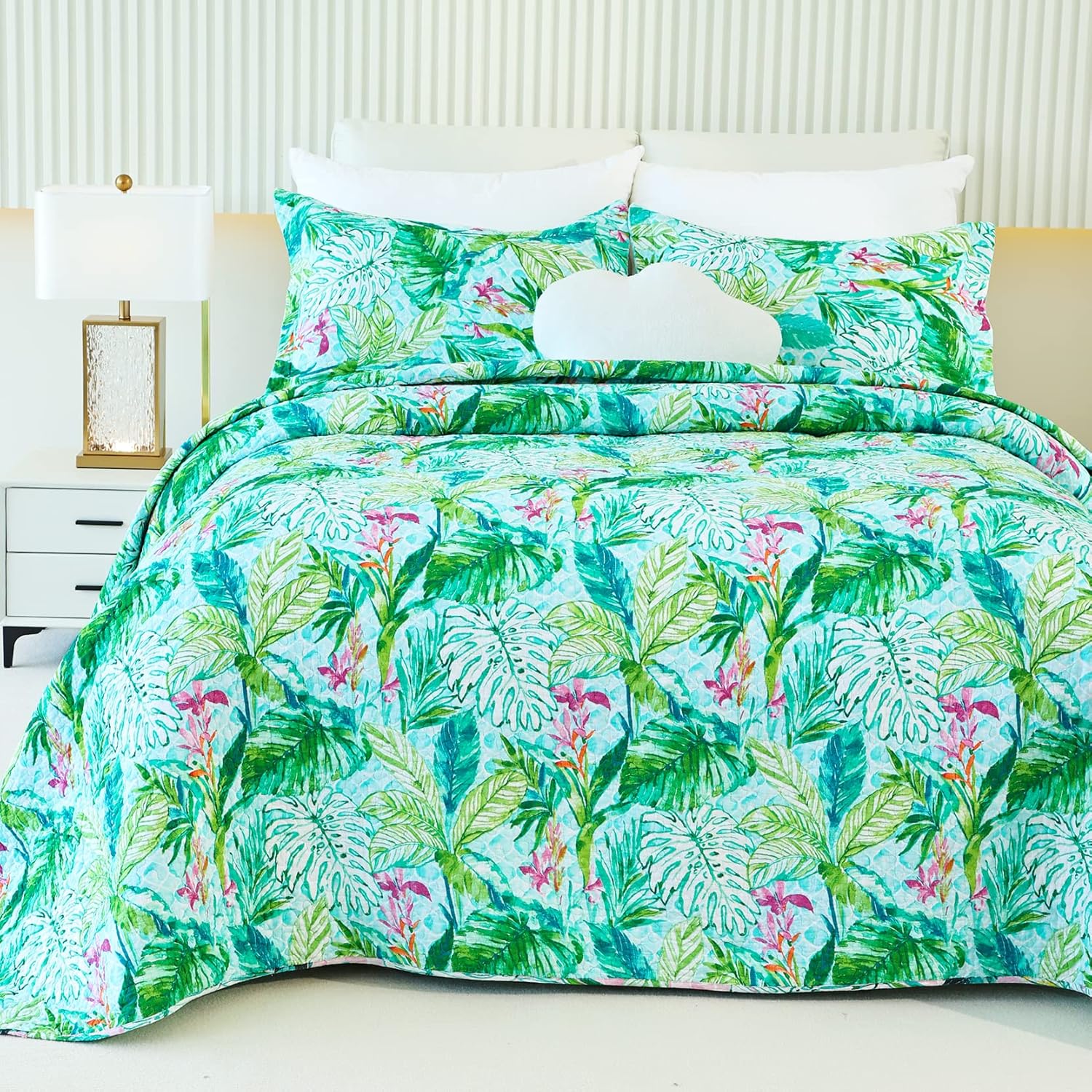 EVENHUG Green Leaf Twin Quilt Set Reversible Bedspread