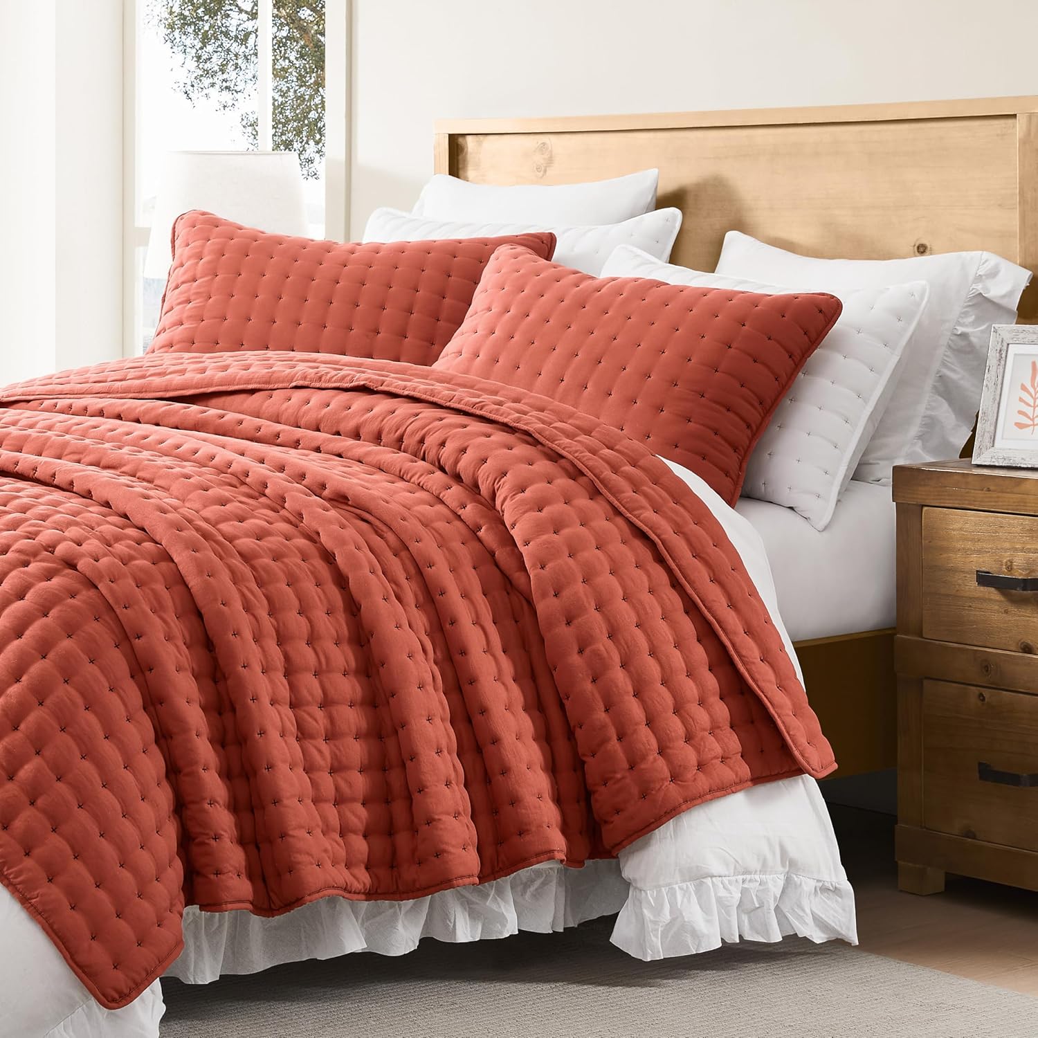 Burnt Orange Cal King Quilt Set with Pillow Shams 3 Piece Bedding