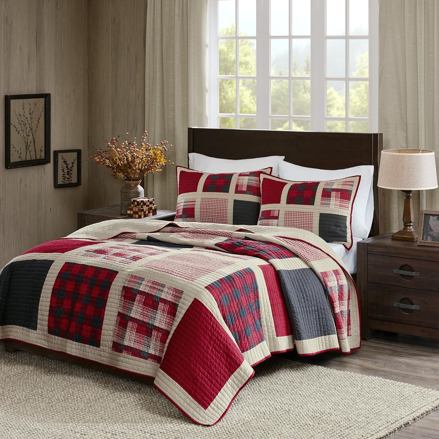 Woolrich Huntington Plaid Red Reversible Quilt Set 3 Piece 1