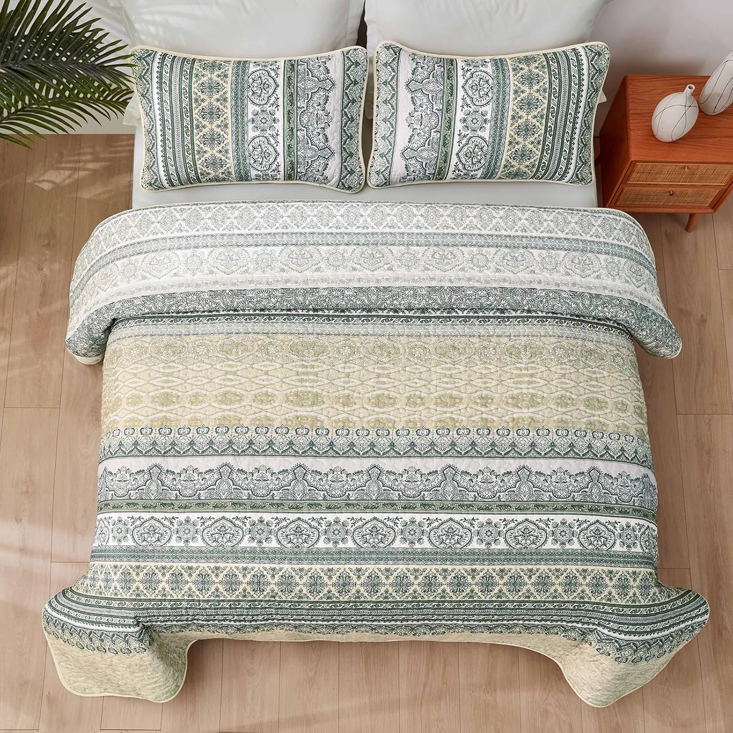 WONGS BEDDING Boho Quilt Set Queen Size Beige 3 Pieces