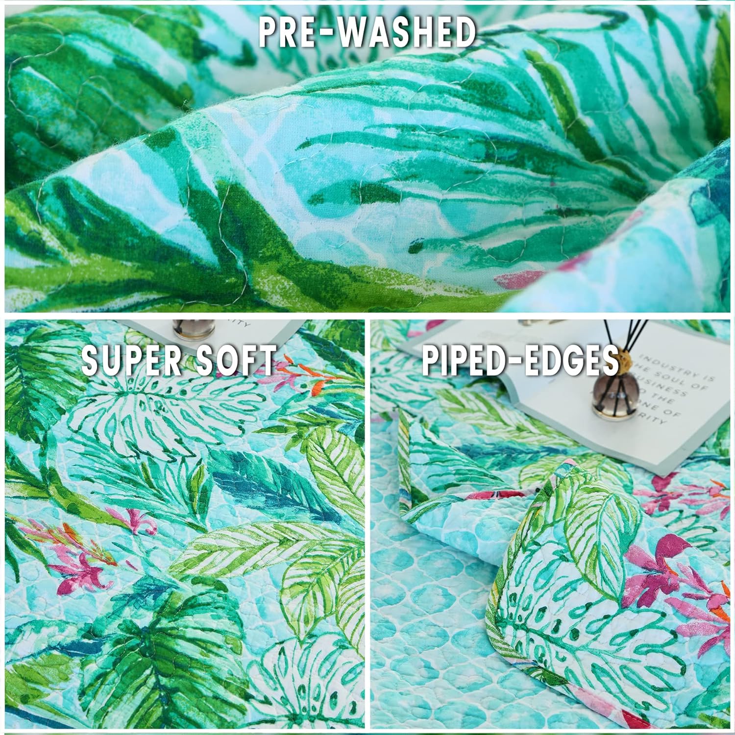 EVENHUG Green Leaf Twin Quilt Set Reversible Bedspread
