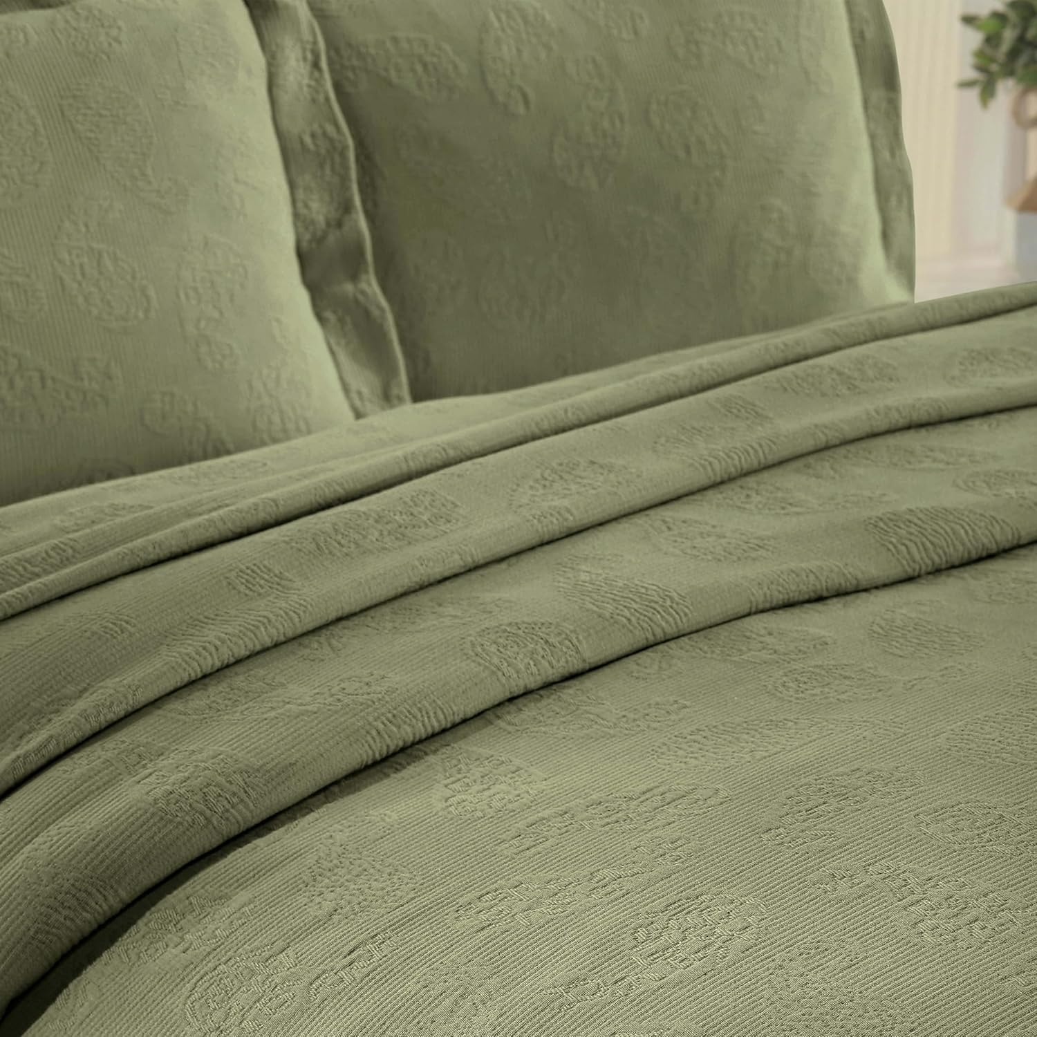 Superior Paisley Cotton Bedspread Set King Size Sage