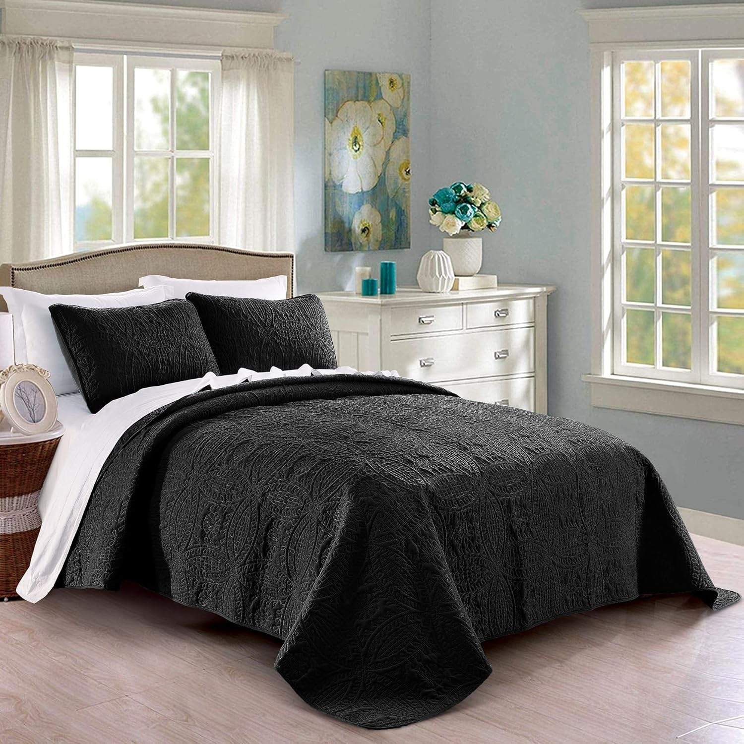 Pure Bedding Quilt Set Full Queen Black Geometric Pattern