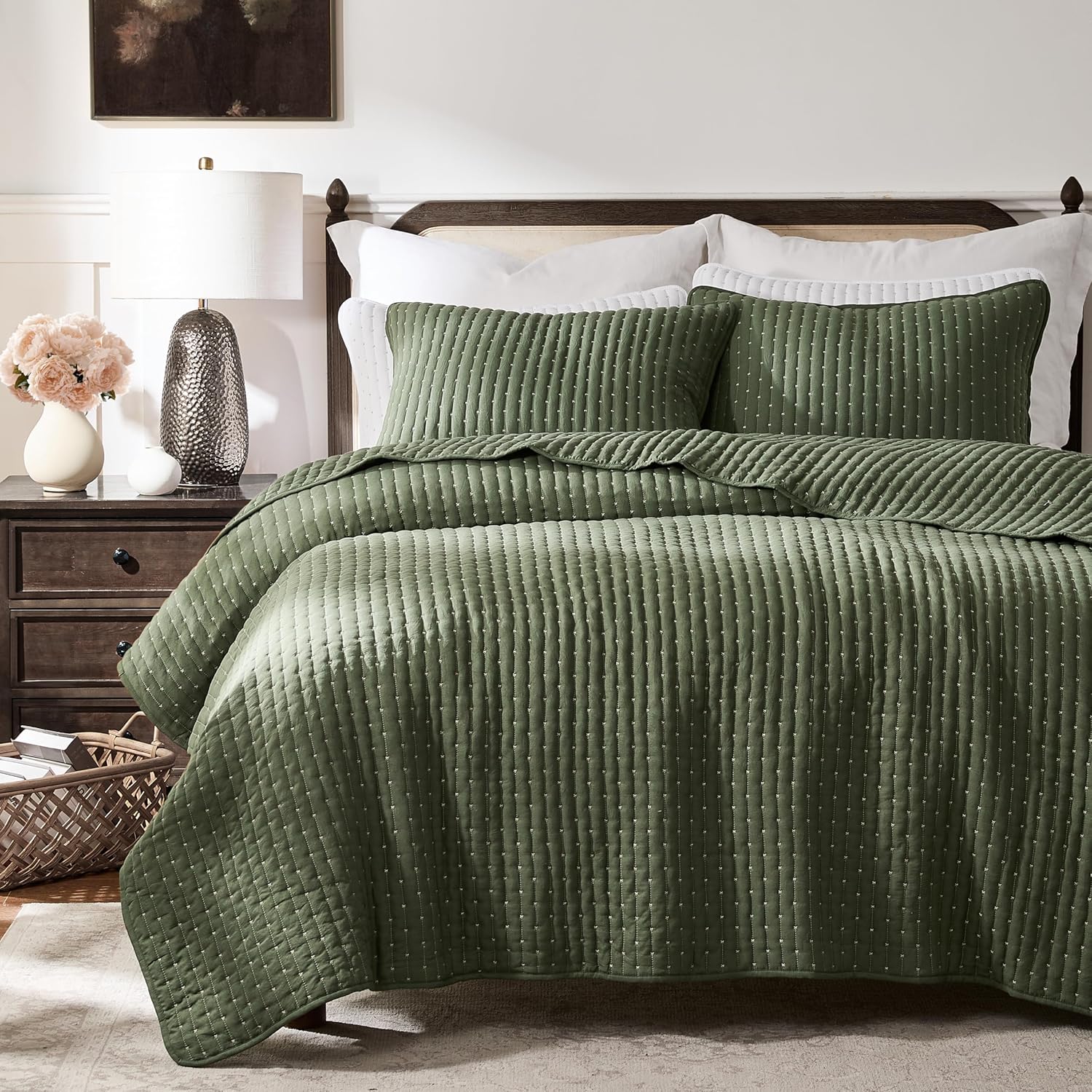 WDCOZY Olive Green Cross Stitch King Size Quilt Set