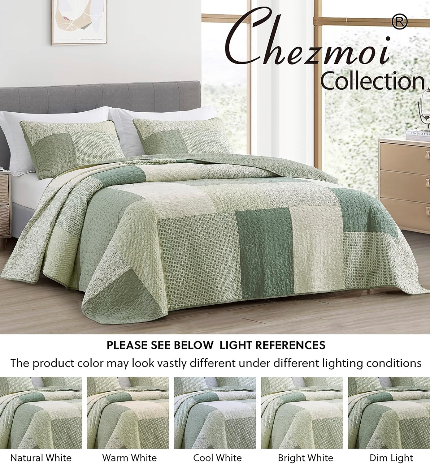 Chezmoi Collection 3-Piece Patchwork Quilt Set Green Floral Striped