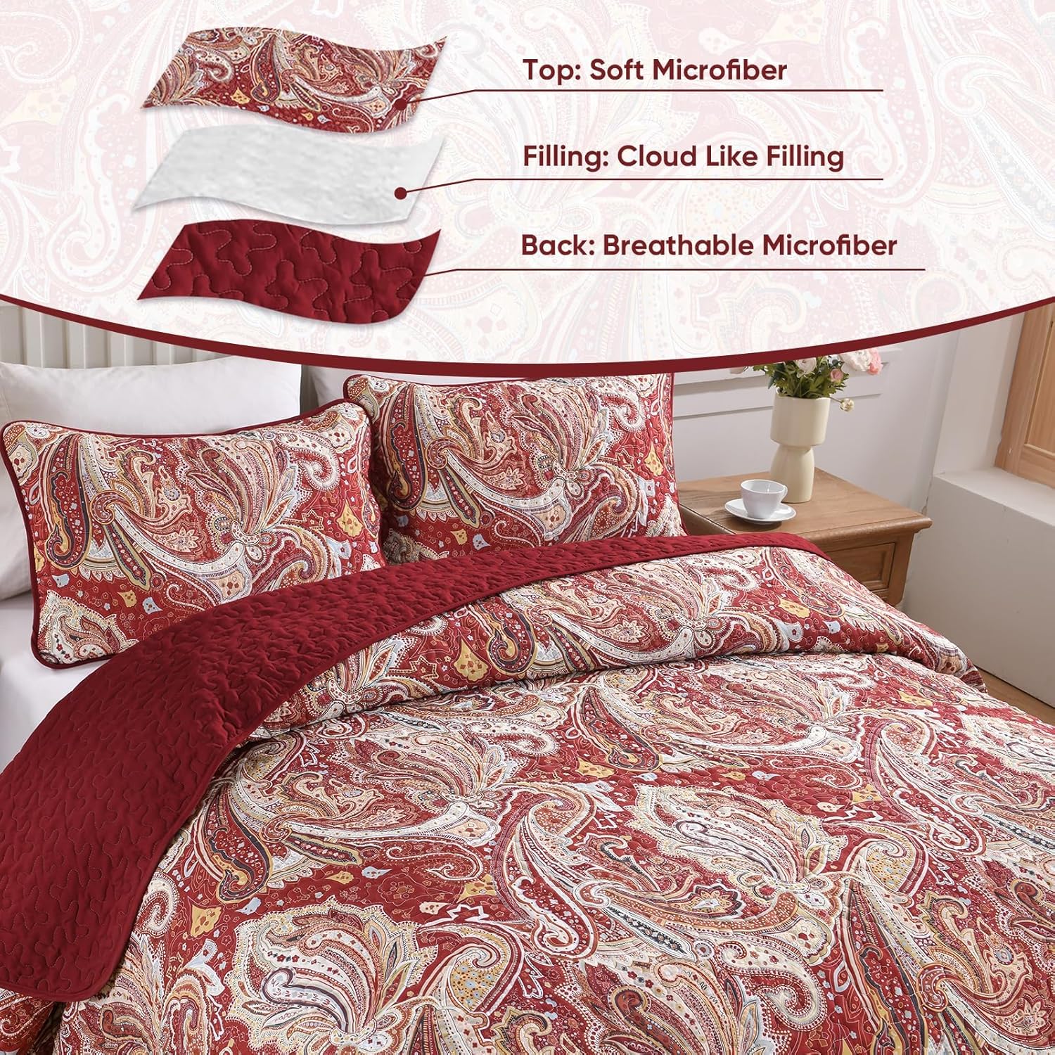 DJY Red Paisley Quilt Set - King Size 3 Piece