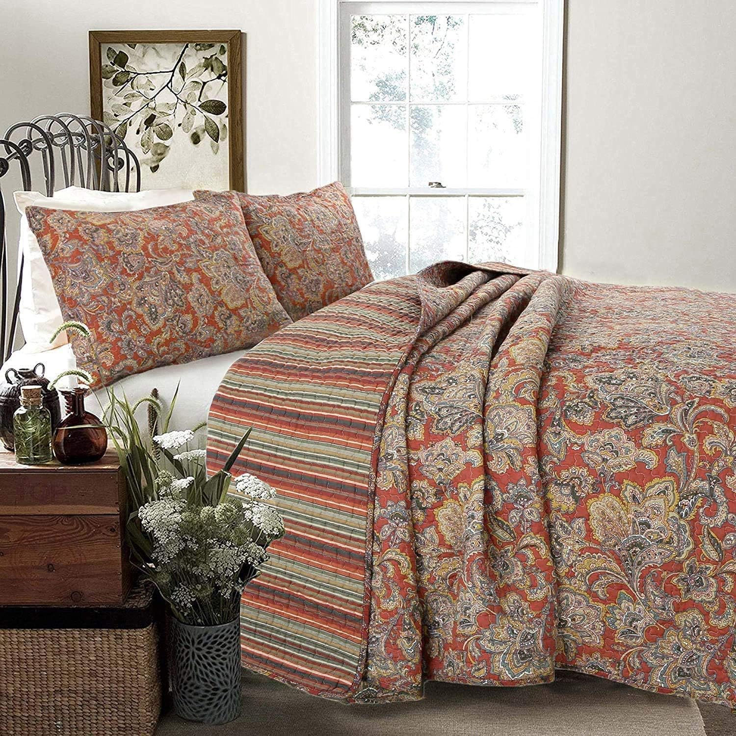 Cozy Line Red Orange Reversible Cotton Quilt Set 3 Piece King