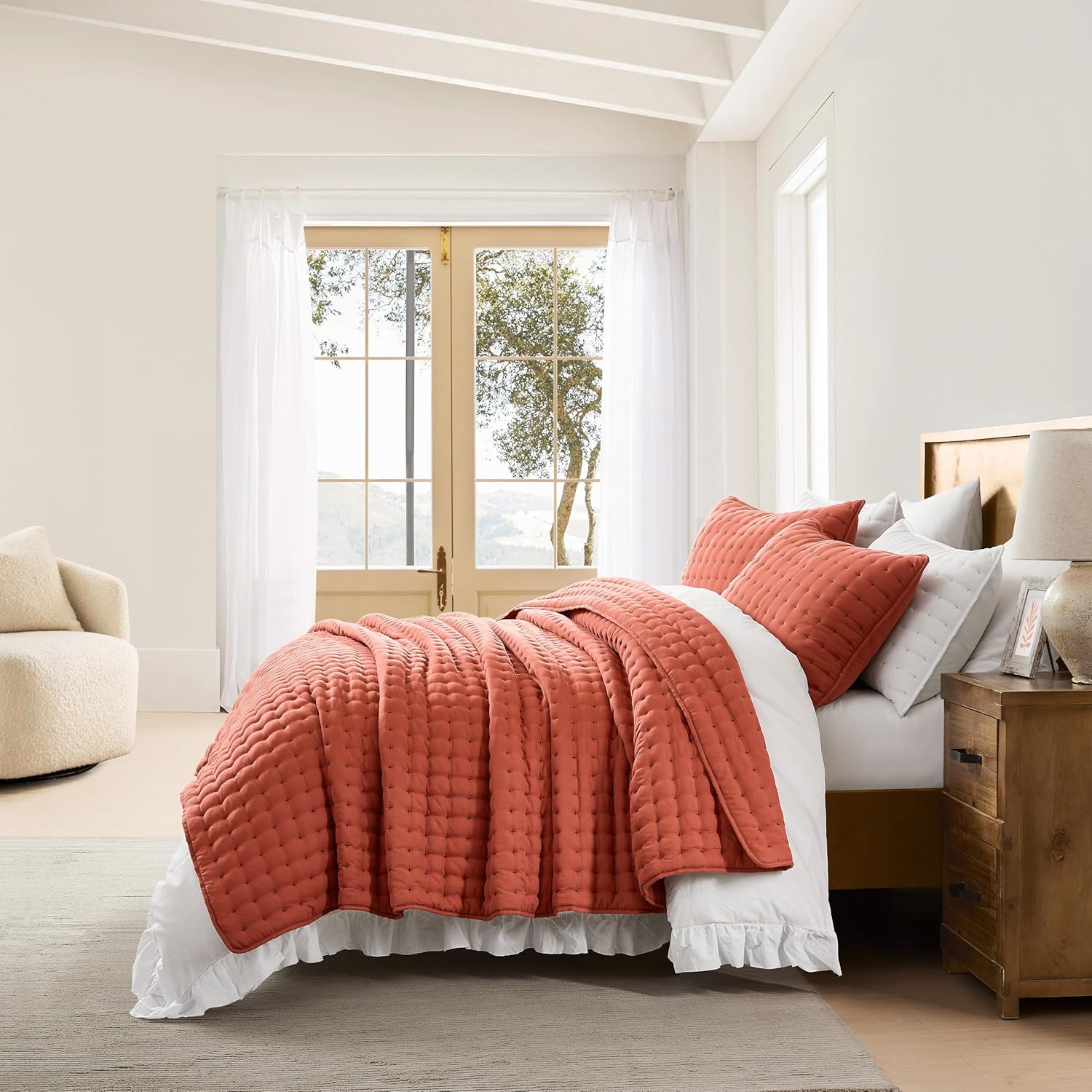 Burnt Orange Cal King Quilt Set with Pillow Shams 3 Piece Bedding