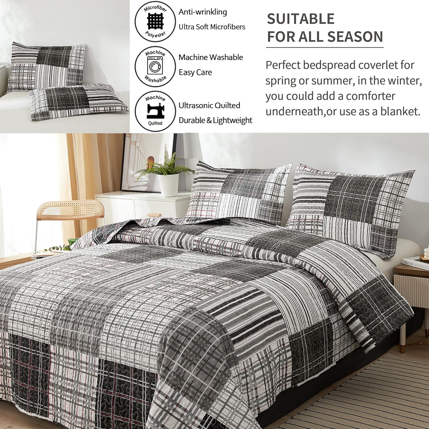 Jessy Home Plaid Quilt Set Queen Full Size Bedding