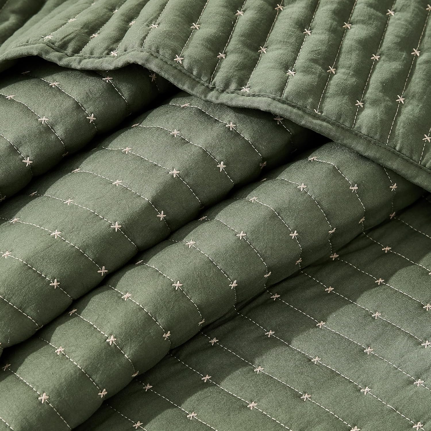 WDCOZY Olive Green Cross Stitch King Size Quilt Set