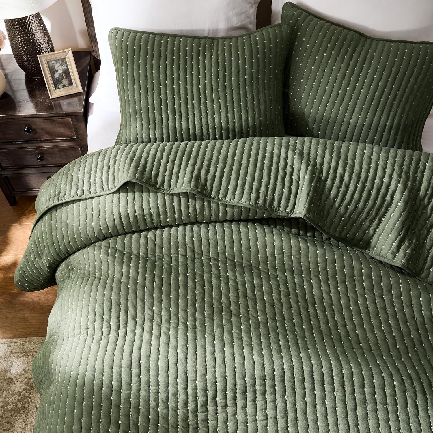 WDCOZY Olive Green Cross Stitch King Size Quilt Set