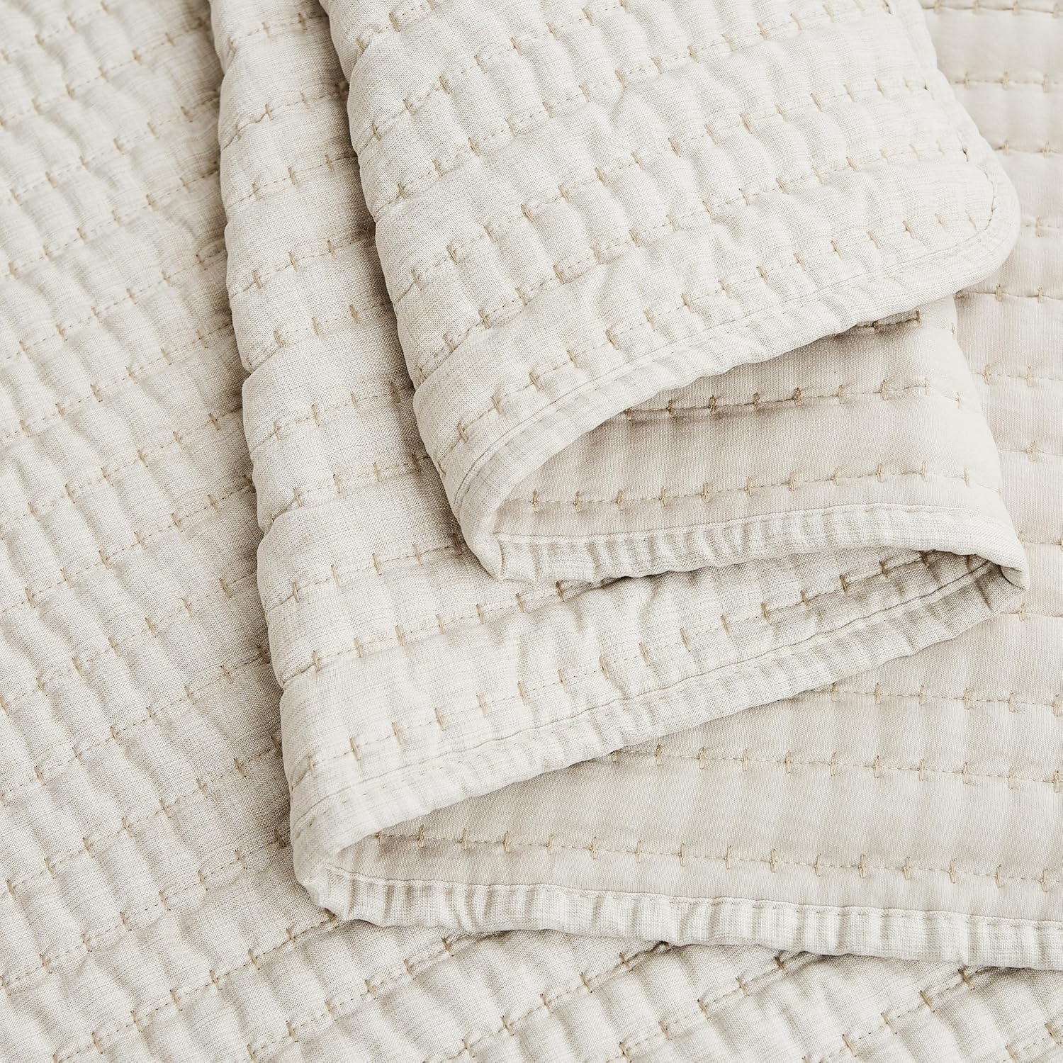WDCOZY Beige Stripe Twin Quilt Set with Pick Stitch 1
